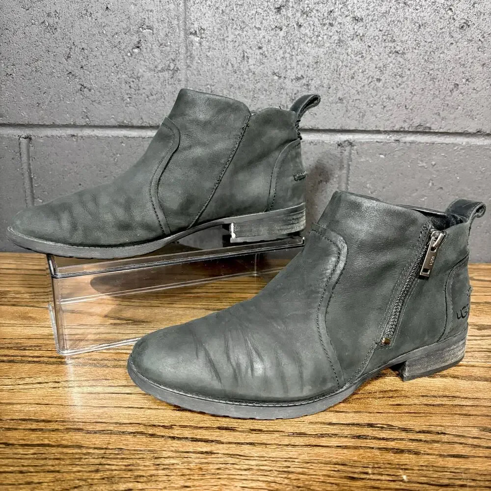 UGG Black Leather Ankle Boots Side Zip Casual Comfort Size 9